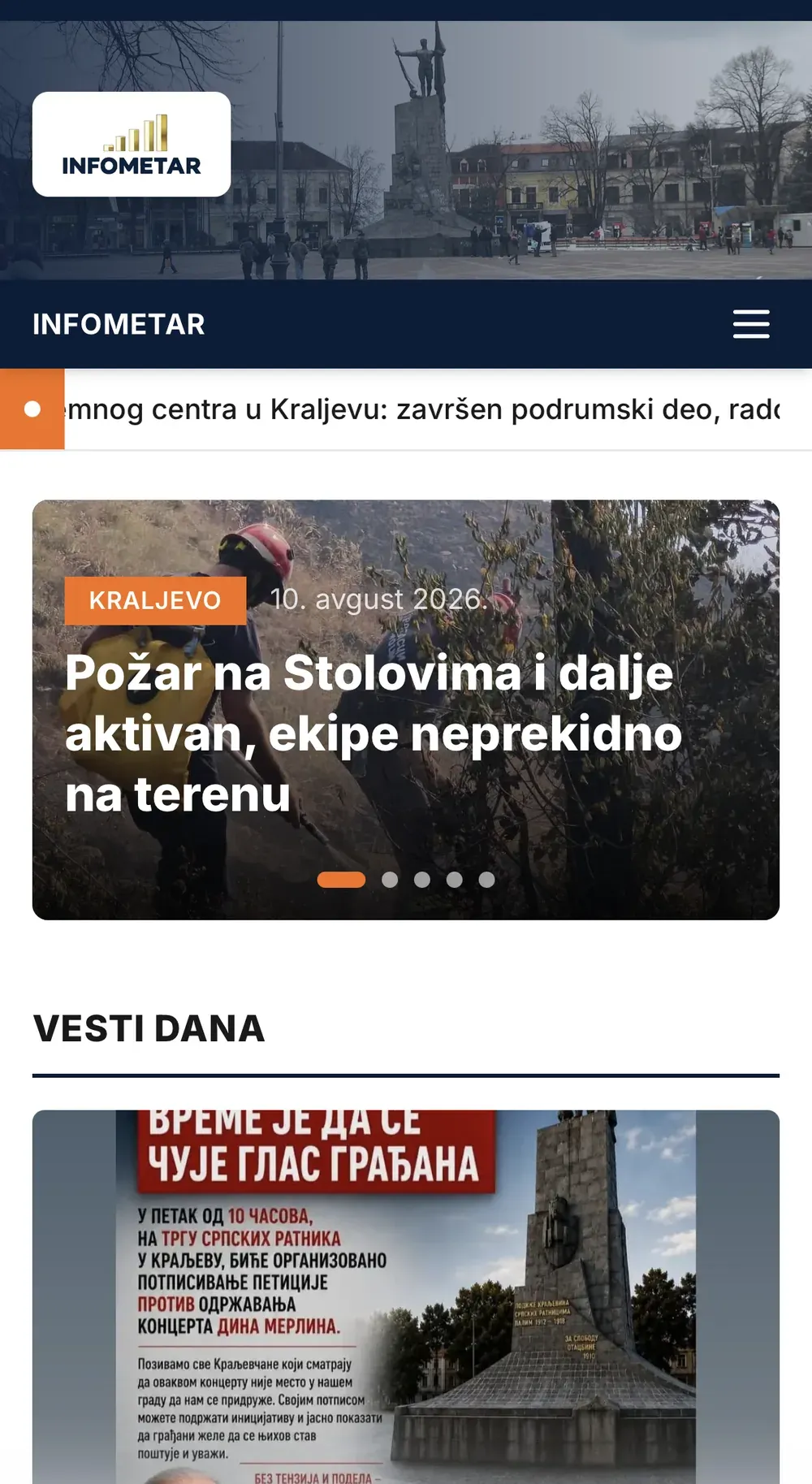 Sajt Infometar na telefonu, informativni portal za Kraljevo, izrada Komet