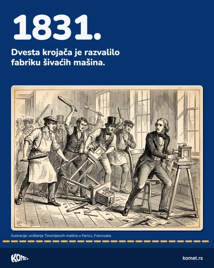 1831. Dvesta krojača je razvalilo fabriku šivaćih mašina. Uz tekst ilustracija tog događaja. Prvi slajd karusela na Instagramu.